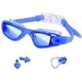 Tensun Swimming Goggles Anti Fog Leak-free UV Protection Clear Lens Adjustable Straps Triathlon Swim Goggles Glasses with Nose Clip, Ear Plugs for Adult Men Women Youth Kids Child - Black