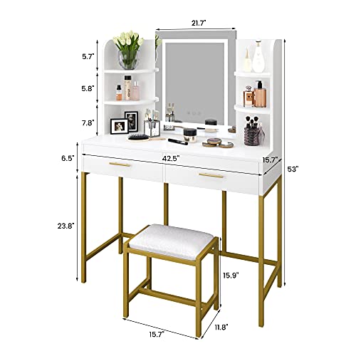 POVISON Vanity Desk with Lighted Mirror, Makeup Vanity Table with Touch