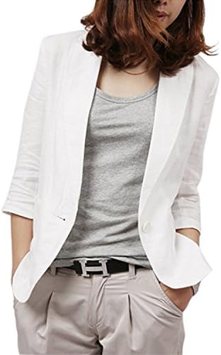 Qiuse Women Linen Lapel Slim Suit Coat (Medium, White)