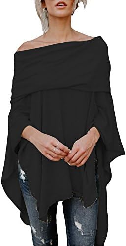 FOXRED Womens Off Shoulder Irregular Hem Soft Knitted Poncho Sweater Pullovers