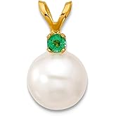 JewelryWeb 14k Solid Gold Emerald 8-8.5mm White Round Freshwater Cultured Pearl Pendant Necklace Pendant for Women