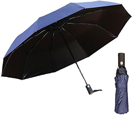 Lenow 60 Mph Windproof 10 Fiberglass Ribs Travel Umbrella with Auto Open Close Button, “Dupont Teflon” 210T Waterproof Fabric, Ultra Comfort Handle (Navy)