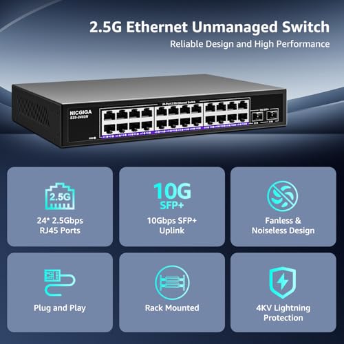 24 Port 2.5Gb + 2 Port 10Gb SFP+ Ethernet Switch, NICGIGA 26 Port 2.5G Network Switch Unmanaged, Plug & Play, Desktop or 19-Inch Rack Mount, Fanless Metal Design.