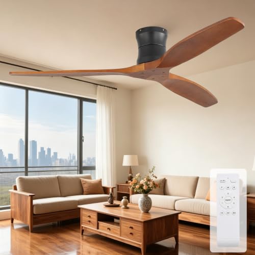 Sofucor 132cm Ventilador de Techo con Mando a Distancia, Madera Maciza Ventilador de Techo sin Luz, Silencioso DC, Temporizador, 3 Temperaturas de Color, 6 Velocidades para Salones
