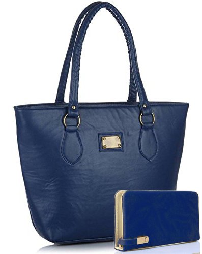 mammon women's letherette handbag and clutch combo (basic-blue, 40x30x10 cm)