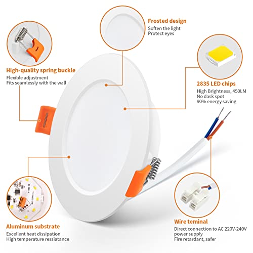 Tomosu Pack of 10 Extra Flat LED Recessed Spotlights, 5 W 450 LM Equivalent to 50 W Incandescence, IP44 Waterproof Bathroom Spotlight Cool White 6000 K, Hole Φ75-90 mm, AC220-240 V