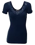 Doublju Women Shirring Shorts Sleeve Lace Neckline Slim Fit Top