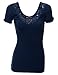 Doublju Women Shirring Shorts Sleeve Lace Neckline Slim Fit Top