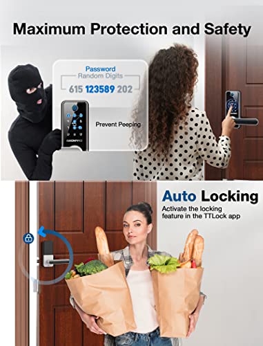 Fingerprint Door Lock, 6-in-1 Keyless Entry Door Lock with Handle, Bluetooth APP Biometric Door Lock, Electronic Digital Door Lock with Keypad, Anti-Peeping Smart Lock for Front Door, Home, Hotel