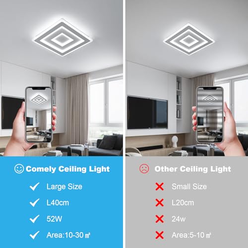 Comely Plafoniera LED Soffitto Quadrata Moderno, 52W 5850LM Lampada da Soffitto LED Moderna Acrilico, Lampadario LED Soffitto Bianco per Camera da Letto, Soggiorno Luce Bianca 6500K, 40cm