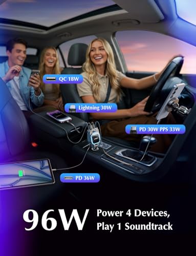 LISEN Bluetooth 5.3 FM Transmitter Car Adapter 96W Retractable Car Charger [HiFi Bass Sound] [PD36W Fast Charging] Wireless Radio Music Adapter LED Display Hands-Free Calling U Disk MP3 Music Player