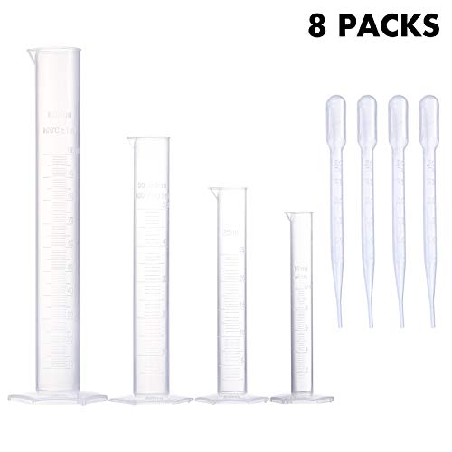 Young4us Measuring Cylinder Set, 4 Sizes Graduated Polypropylene Lab Test Tubes in 100 ml, 50 ml, 25 ml, 10 ml for Laboratory, Science Experiments with 4 Plastic Droppers in 3 ml - Thumbnail 7