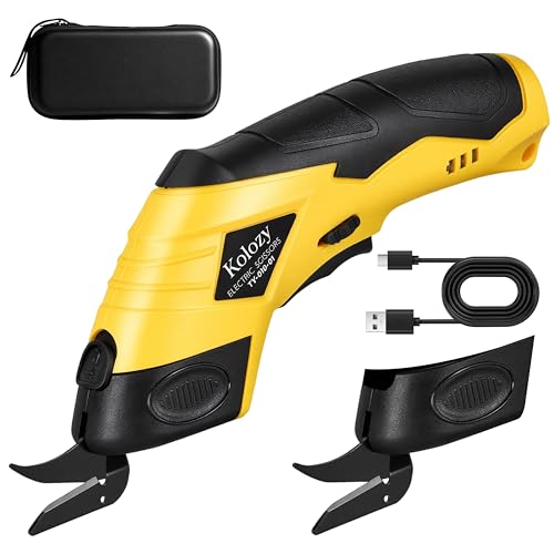 Kolozy Electric Scissors Sewing Cordless Rechargeable Cardboard Cutter 4V Battery 2500 mAh 10000 RPM with 2 Blades, Electric Cutter Suitable for Fabric Cardboard Carpets Felt Leather Plastic