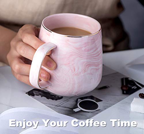 Ceramic Coffee Mug with Leaves Spoon, 12oz Marble Coffee Cup Unique Gift Mug for Wedding Birthday Party Christmas Gift and Thanks Giving Mug Gift-Pink