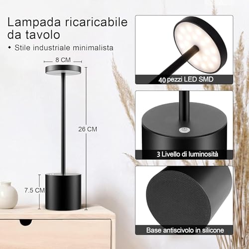 HYMZP Pack of 2 Wireless Table Lamps, 5000 mAh Rechargeable LED Table Lamp, Dimmable, Light for Restaurant/Indoor/Outdoor/Black