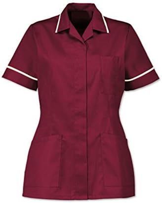 WOMENS NURSES HEALTHCARE TUNIC, DENTAL VET SALON, MAROON/BURGUNDY WITH WHITE TRIM, POINTED COLLAR INS32MR