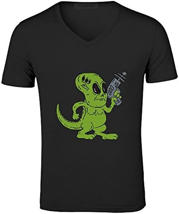 Mcol Alien Dinosaur Holding Ray Gun Cartoon Mens V Neck Cotton Shirts Black