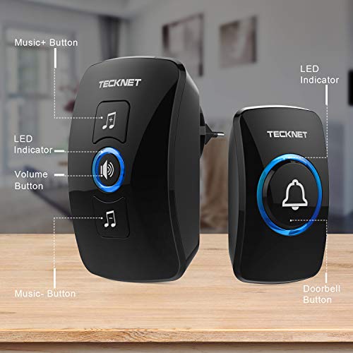 TeckNet Timbre inalámbrico Timbres para Puerta Plug-in sin Hilos a un Rango de 300m, Indicadores LED, Resistente al Agua, 4...