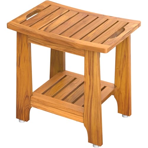 18" Standard Teak Shower Bench with Shelf & Handle - Waterproof, Non-Slip Bath Stool, 300 lbs Capacity - Fits Standard Tubs/Showers & Outdoor Use (Patented)