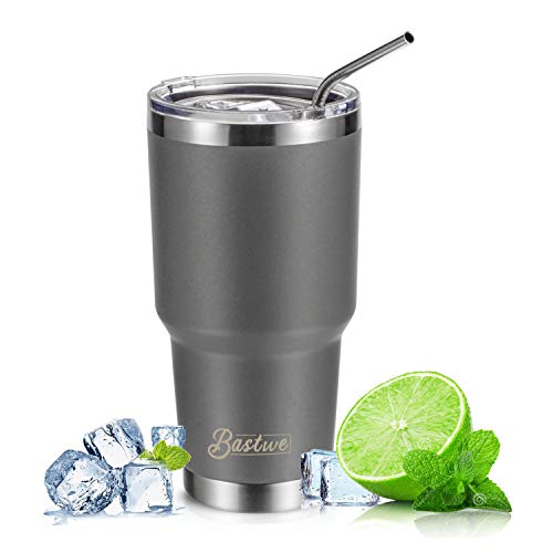 4 Pack 30oz Vacuum Insulated Tumblers, Bastwe Double Wall Stainless Steel Travel Tumblers with Lids and Straws for Home, Office, School, Works Great for Ice Drink, Hot Beverage (Seafoam + Gray)