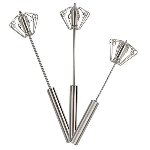 Stainless Steel Whisks, NiceCode 3 Pack Egg Whisk Set Milk Frother Egg Beater Blender, Rotating Push Whisk Mixer Kitchen Utensils
