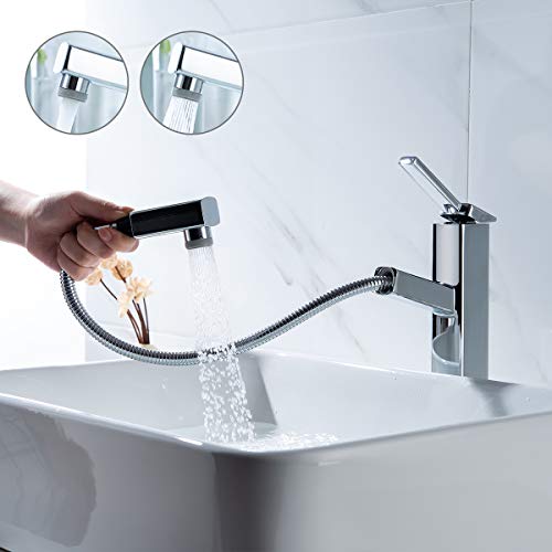 KAIYING Pull Down Bathroom Sink Faucet, Modern Lavatory Vessel Sink Faucet, Utility Single Hole Kitchen Sink Faucet with Pull Out Sprayer, Commercial Basin Mixer Tap, Brass (Tall, Chrome)