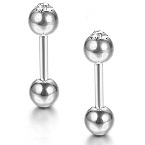 Flongo Bling Rhinestone Round Stainless Steel Unisex Barbell Earrings Ear Studs Set, 1 Pair, Silver Colour