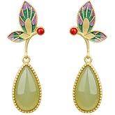 Elegant 18k Gold-Plated Colored Enamel Butterfly Leaf and Jade Water Drop Earrings – Beautiful Floral Design with Colored Stones