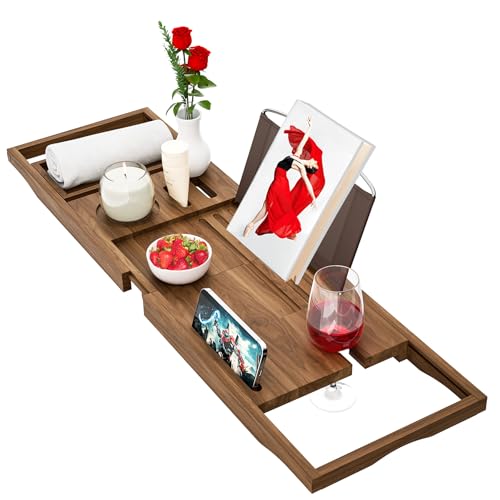 Premium Teak-Badewannentablett Caddy, erweiterbares Holz-Badewannentablett für Badewanne, Luxus-Badewanne & Badezimmerzubehör, tolles Geschenk für Hau