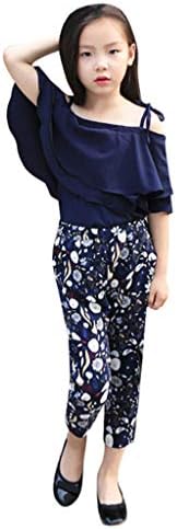 Cyhulu Teen Kids Girls Off Shoulder Short Sleeve T-shirt Top+Floral Pants Summer Set Clothing 3-12 Years Old (Navy, 10-11 Years)
