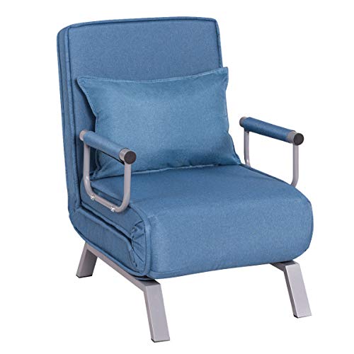 Giantex Convertible Sofa Bed Folding Arm Chair Sleeper, 5 Position Recliner Full Padded Lounger Couch Bed, Mental Frame with Detachable Armrest Cover Home Office Furniture with Pillow (Blue)
