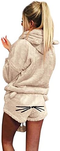 Women Solid Color Hoodie Sleepwear Duseedik Lady Warm Winter Set Two Piece Cute Cat Pajamas