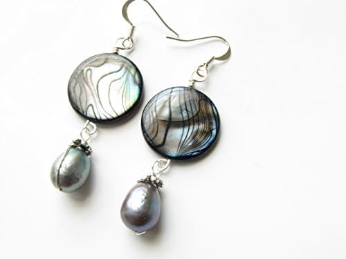 Silver Gray Freshwater Pearl Shell Dangle Drop Earrings