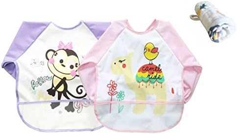 Momloves Baby Toddler Waterproof Sleeved Bib, Water Resistant Baby Bib, Set of 2, FREE BABY TOWELS, 6-24 Months