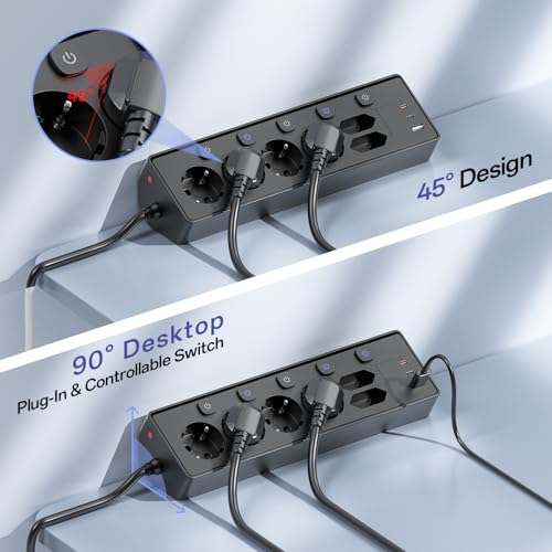 6-Way Power Strip with 3 USB PD 30 W, Kemelo Multiple Socket with Switch, 9 in 1 Table Socket Surge Protection Desk Accessories, 2 m Extension Cable Desk Socket, Black