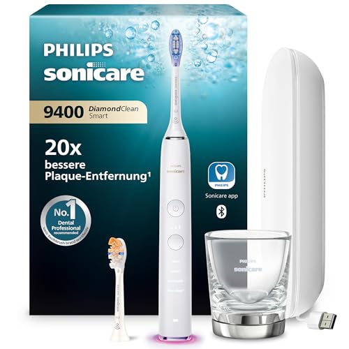 Philips Sonicare DiamondClean Smart 9400 elektrische Zahnbürste, Schallzahnbürste mit App, Drucksensor, Bürstenkopferkennung, 4 Putzmodi und 3 Intensitätsstufen, Weiß, Modell HX9917/88