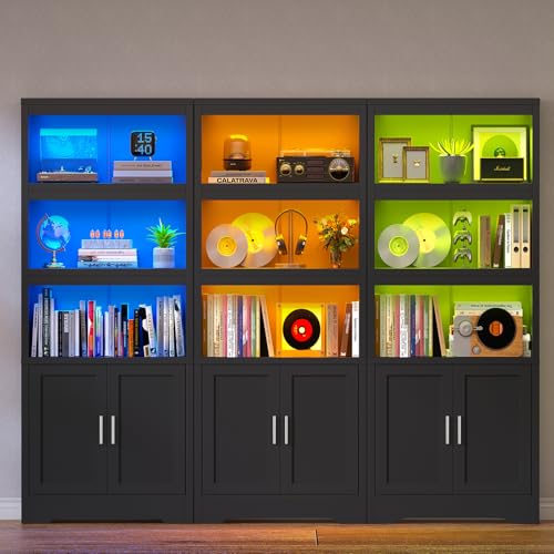 TEENFON Bookshelf with 16 Color Lighting Modes, Bookcase with 2 Doors and Adjustable Shelf, Floor Standing 5 Shelf Display Storage Shelves, Tall Bookcase for Home Office, Living Room, Black