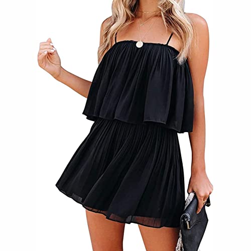 SHOPESSA Flowy Playsuits and Rompers for Women Spaghetti Strap Pleated Short Jumpsuit Backless Overall Romper Summer Boho Outfits Black