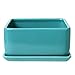 MyGift Modern Turquoise Ceramic Square Indoor Small Planter, Flower Succulent Plant Pot with Drainage Hole and Removable Drip Tray