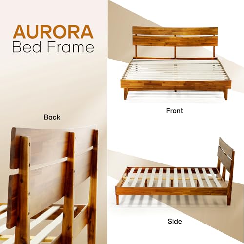 Acacia Aurora King Bed Frame and Headboard Solid Wood Platform Bed, King Bed Frame, Unqiue Design Contemporary Signature Wood Bed Compatible with All Mattress Types, Non-Slip and Noise-Free, Caramel