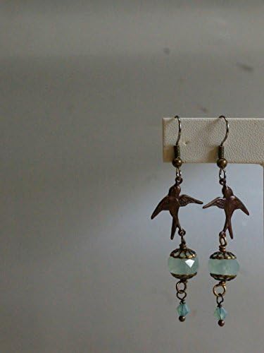 Chalcedony Swallows Art Deco Earrings - Capped Chalcedony - Hand Stamped Copper Swallows, Swarovski Bi Cone - Hung from a Hypo-Allergenic Surgical Steel French Hooks with Wrapped Wire Detail.