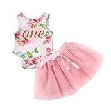 yannzi Baby Girls' 1st Birthday Tutu Dress Sleeveless Floral Romper Top Lace Tulle Baptism Skirt Xmas Outfit 2Pcs (Pink, 6-12 Months)