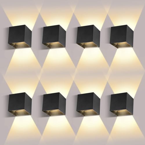 ledmo Pack of 8 12 W LED Wall Light Indoor/Outdoor Black 2700-3000 K Warm White | Up and down adjustable light beam, matte appearance, easy installation, IP65 light against any weather, warm your home