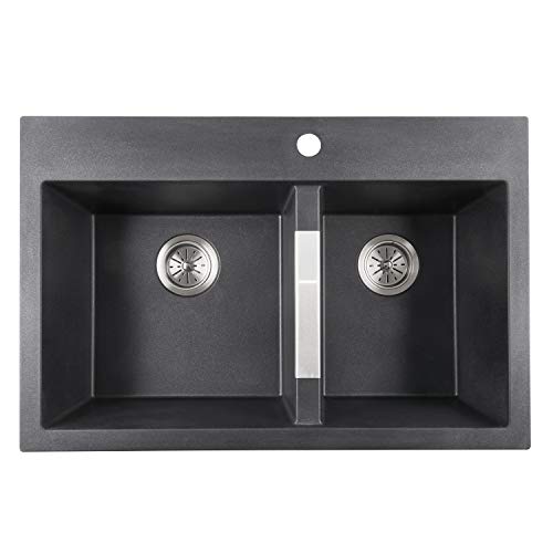 Artika ATL40AQ-CCA Double Bowl Granite Sink with Stainless Steel Accent, Black, 60/40