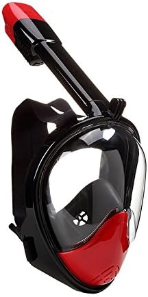 Amenitee 180° Seaview Full Face Snorkel Mask-180 Panoramic View-with Anti-Fog Anti-Leaking Technology-with Camera Mount-GoPro Compatible-Flat Viewing Area for Undistorted Viewing (Black/Red, Medium)