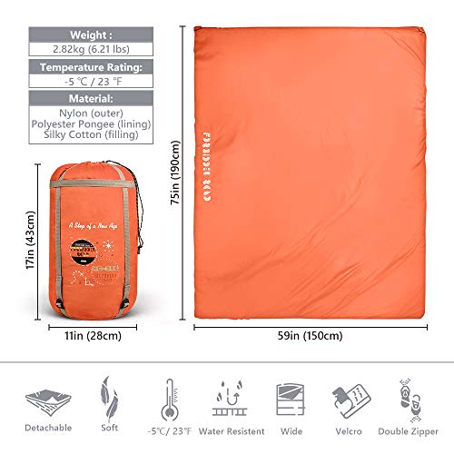 Forbidden Road Double Sleeping Bag Winter -5 â„ƒ/ 23 â„‰ 2 Person Waterproof Lightweight Envelope Sleeping Bags 380T Nylon with Free Carrying Bag Perfect