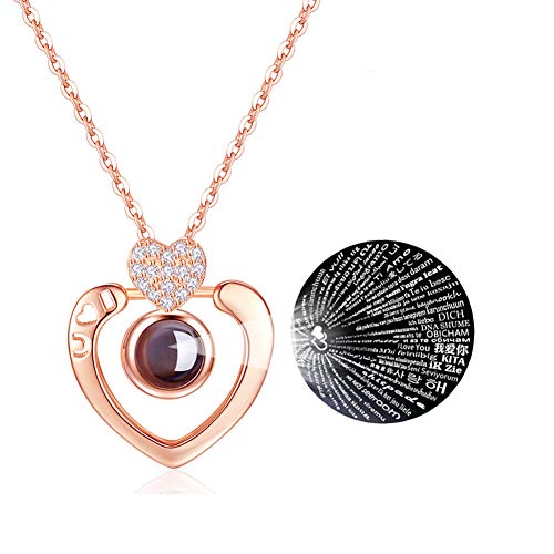 Necklace That Says I Love You in 100 Different Ways I Love You Necklace In 100 Languages Heart Rose Gold Hollow I ❤ U Design Projection Necklace Xmas Gift Birthday Present for GF (Rose Gold-Heart)