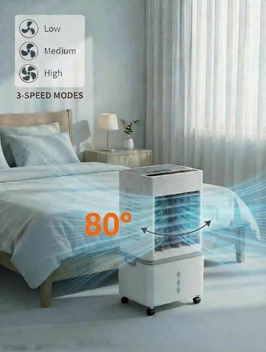 Grelife Evaporative Air Cooler with 10L(2.64 Gal) Large Tank,8 Speeds & 3 Wind Modes, 80° Oscillation,24H Timer,Remote Control,LED Display, Mist & Humidifier Function for Home Office Bedroom white