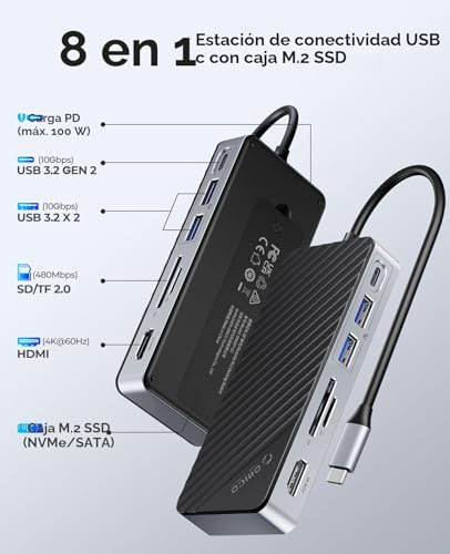 ORICO 8 in 1 USB C Docking Station with M.2 SSD Enclosure, USB C Hub for M.2 NVMe/SATA SSD, 10Gbps, HDMI 4K@60Hz, 100W PD, SD/TF Card Reader, Cable Length 15cm - OM28P