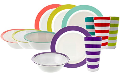 Handi-Ware 12-Piece MultiColor Classic Wide Rim Melamine Set - Indoor/Outdoor Dinnerware Set - Service For 4 - by Unity (Assorted w/Tumblers)